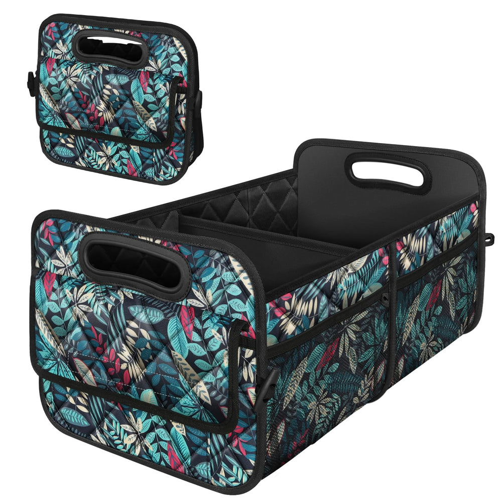 Deosk car trunk organizer showing six pockets for organized essentials on the go.