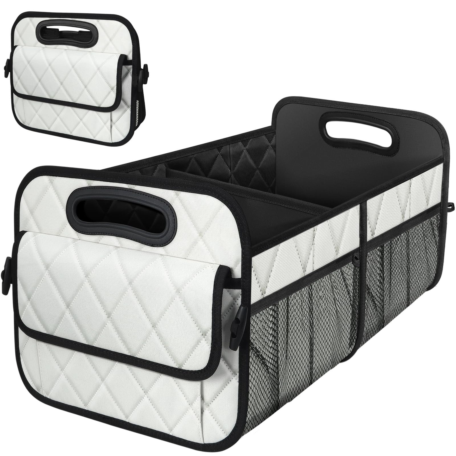 Deosk car trunk organizer tilted view demonstrates sturdy build for tidy storage on the go.