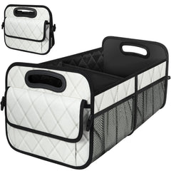 Deosk car trunk organizer tilted view demonstrates sturdy build for tidy storage on the go.