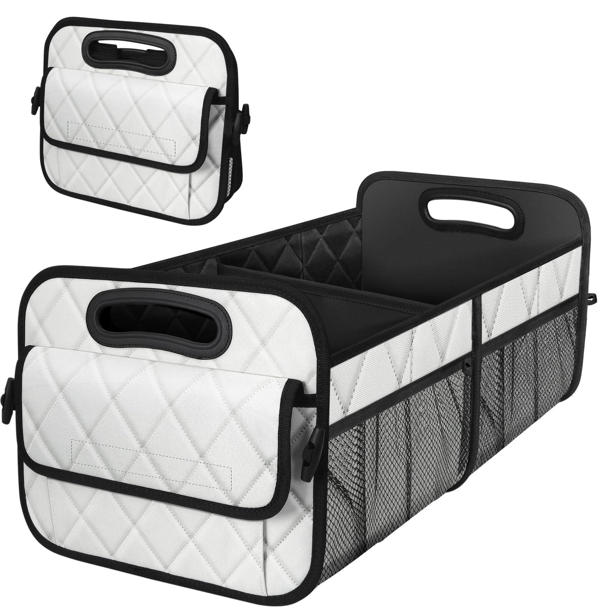 Deosk trunk organizer with six large pockets in beige keeps car essentials neatly arranged.