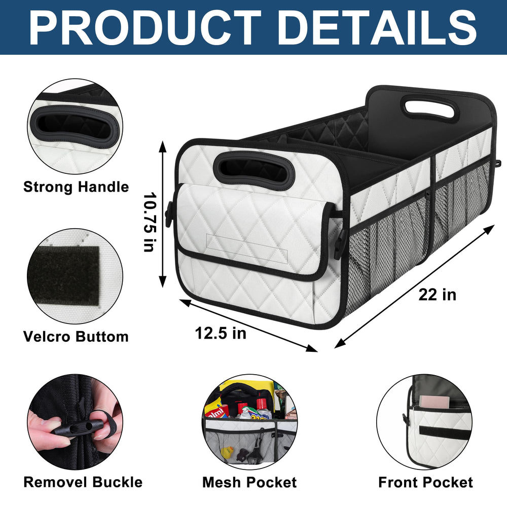 Deosk trunk organizer dimensions show 54.5 by 32 by 27.5 cm capacity.