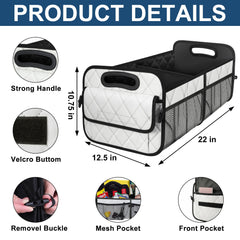 Deosk trunk organizer dimensions show 54.5 by 32 by 27.5 cm capacity.