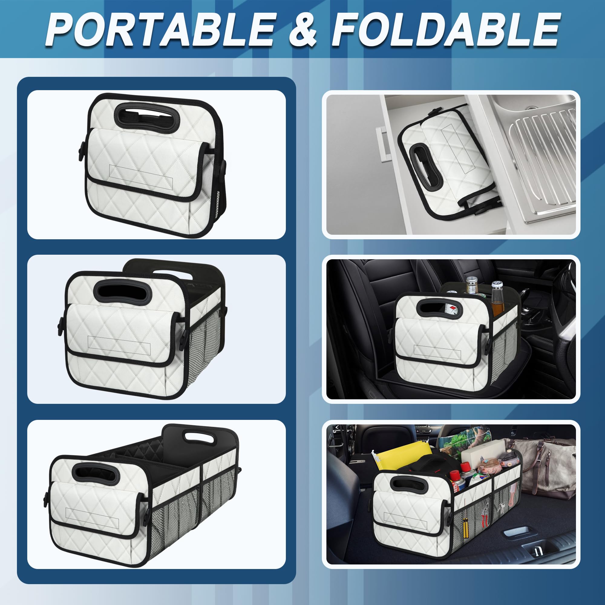 Deosk trunk organizer in car trunk keeps groceries and gear tidy.