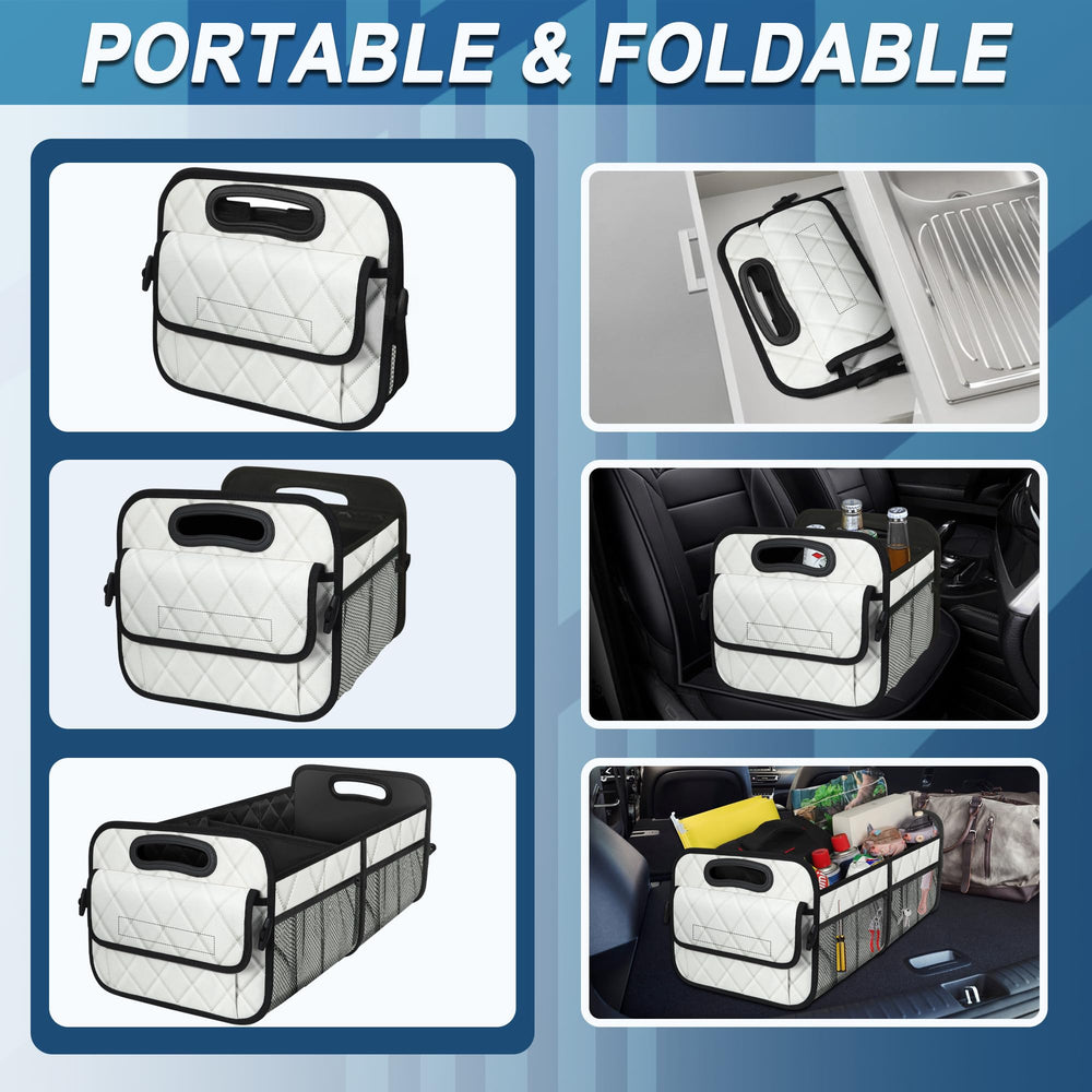 Deosk trunk organizer in car trunk keeps groceries and gear tidy.