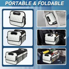 Deosk trunk organizer in car trunk keeps groceries and gear tidy.