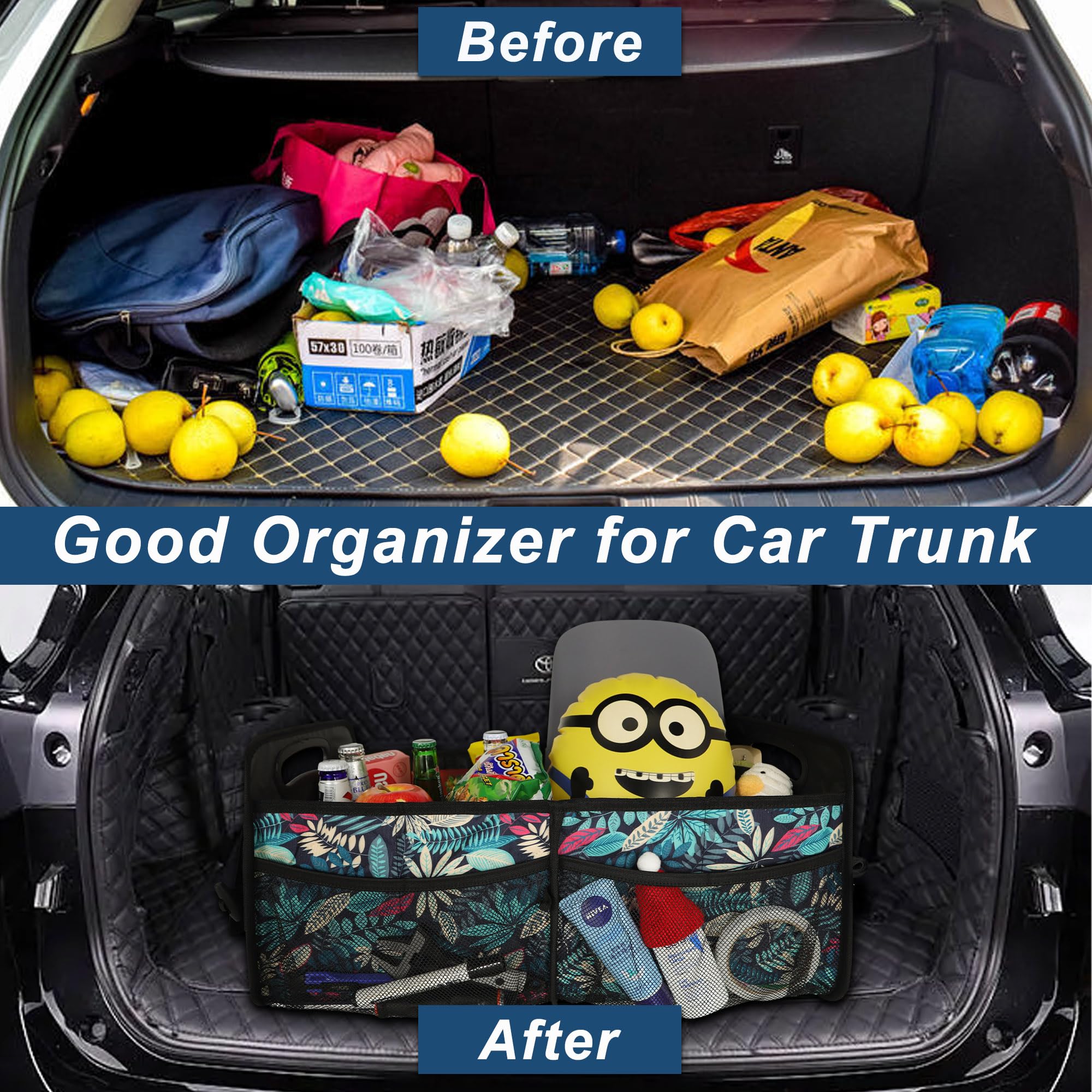 Deosk trunk organizer shown in multifunction mode for car and home storage.
