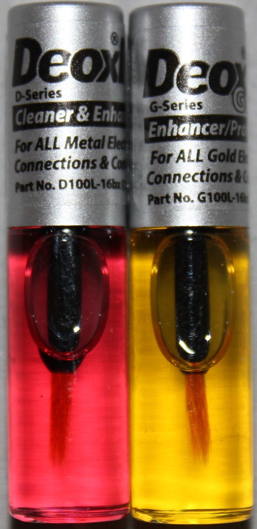 DeoxIT Gold G100L and D100L bundle bottle improving conductivity on connectors and contacts.