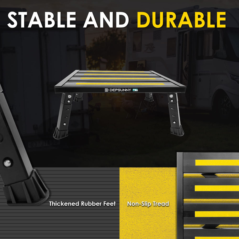 DEPSUNNY foldable aluminum RV step ready for transport and storage.