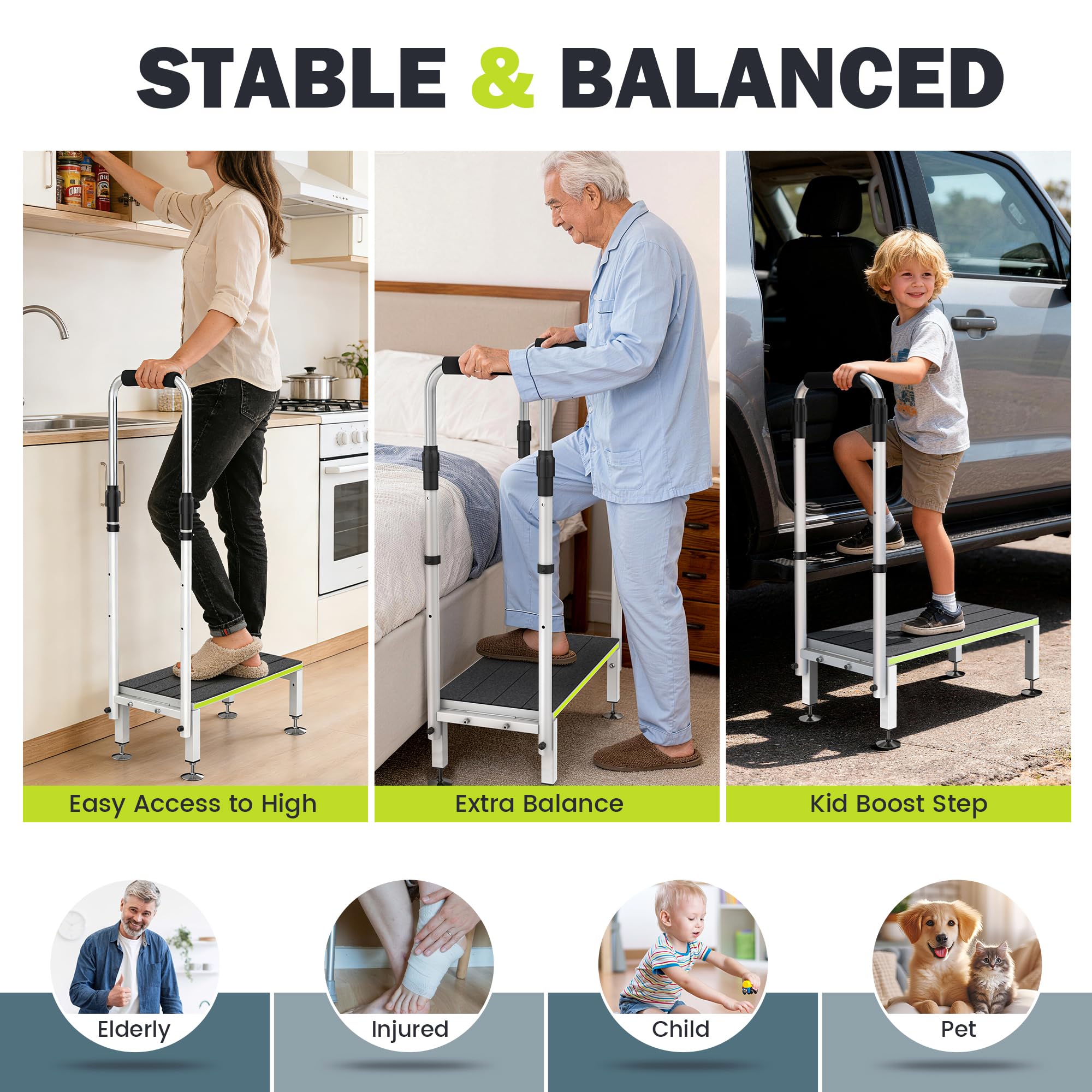 DEPSUNNY step stool shows 10-inch wide platform for stability.