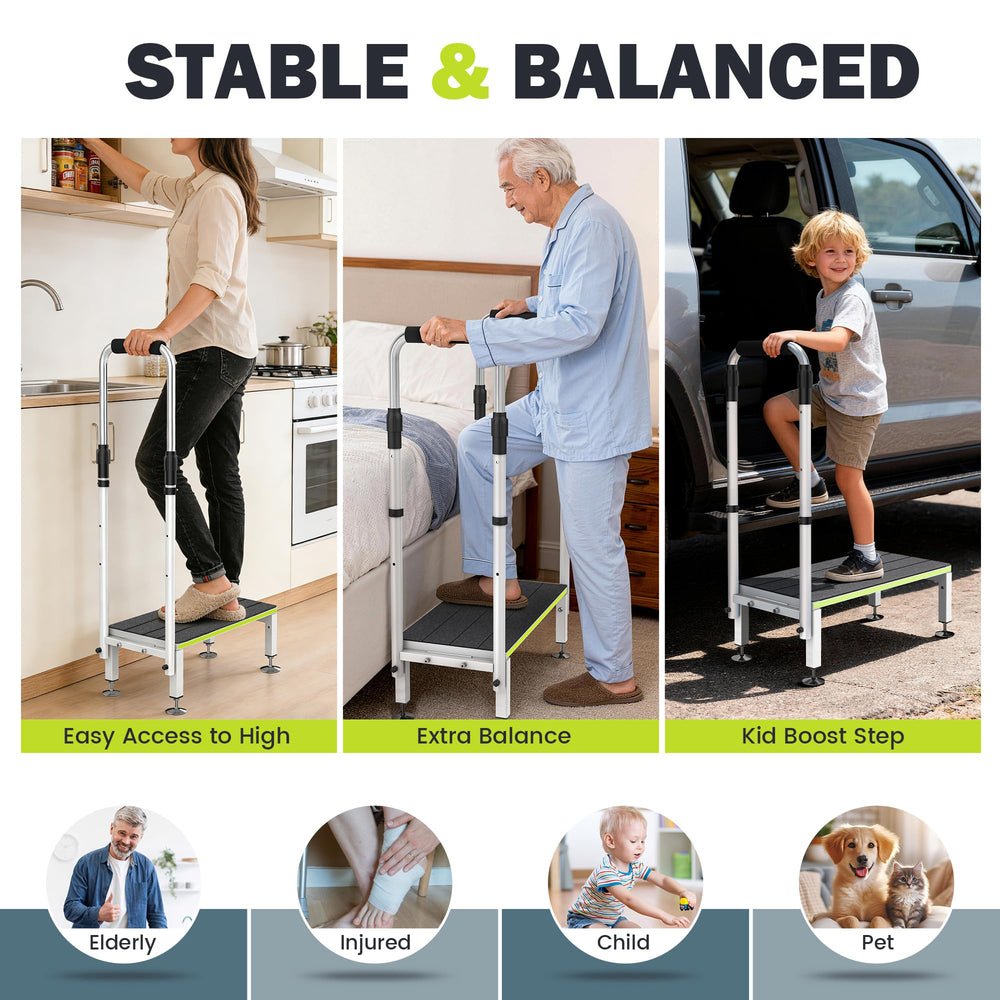 DEPSUNNY step stool shows 10-inch wide platform for stability.