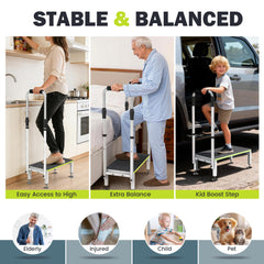 DEPSUNNY step stool shows 10-inch wide platform for stability.
