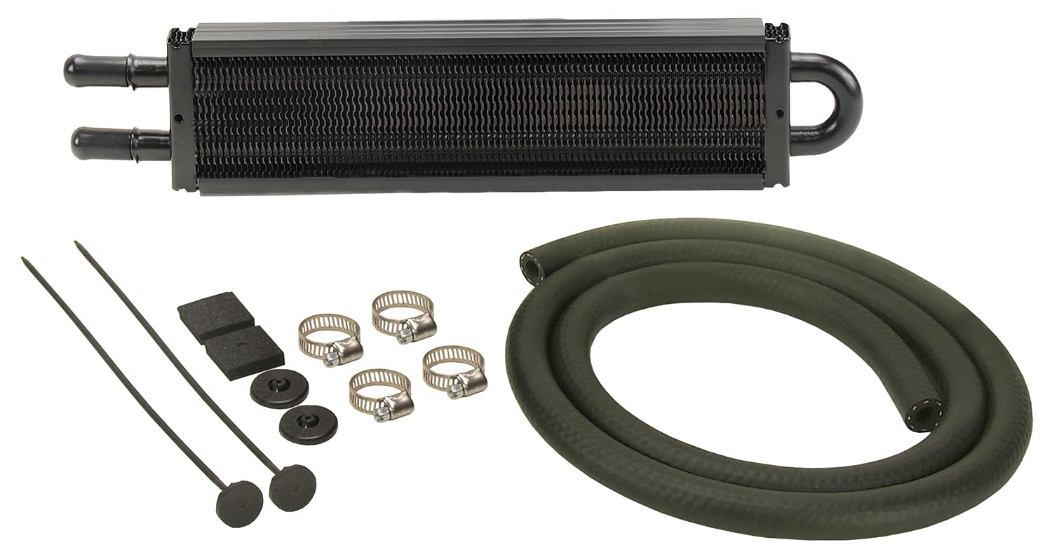 Derale 13200 mounted view shows tubing and fins for efficient steering cooling