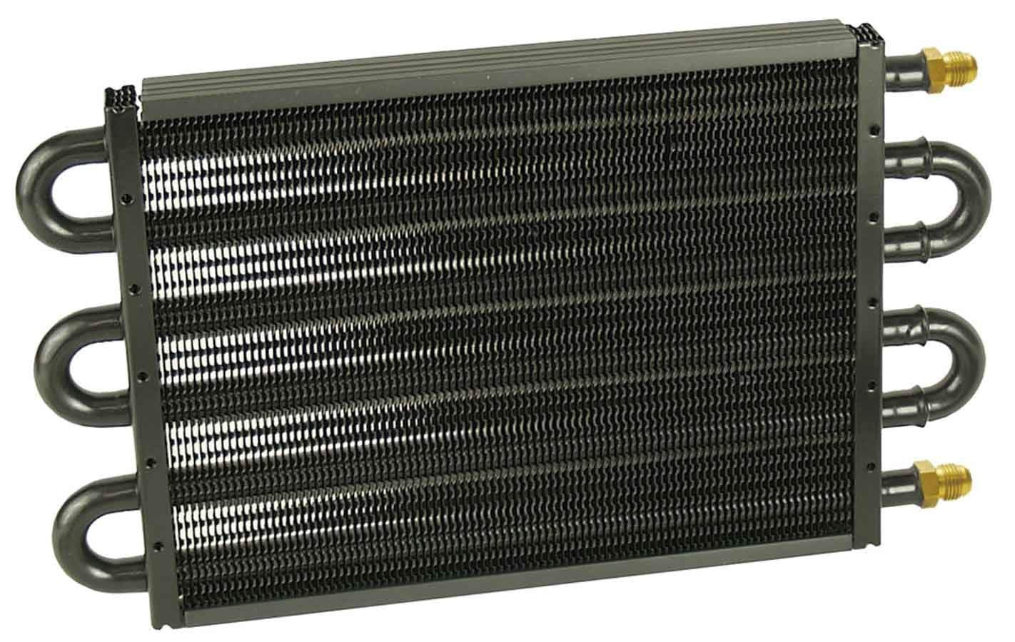 Derale fluid cooler close-up showing tube-type unit with black finish for durable performance.