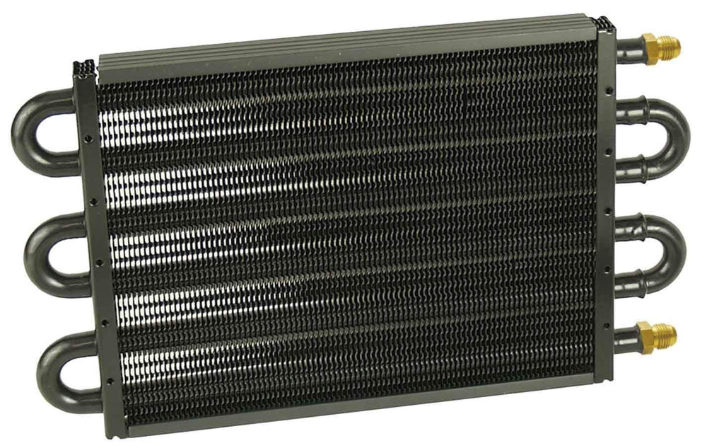 Derale fluid cooler close-up showing tube-type unit with black finish for durable performance.