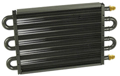 Derale fluid cooler close-up showing tube-type unit with black finish for durable performance.