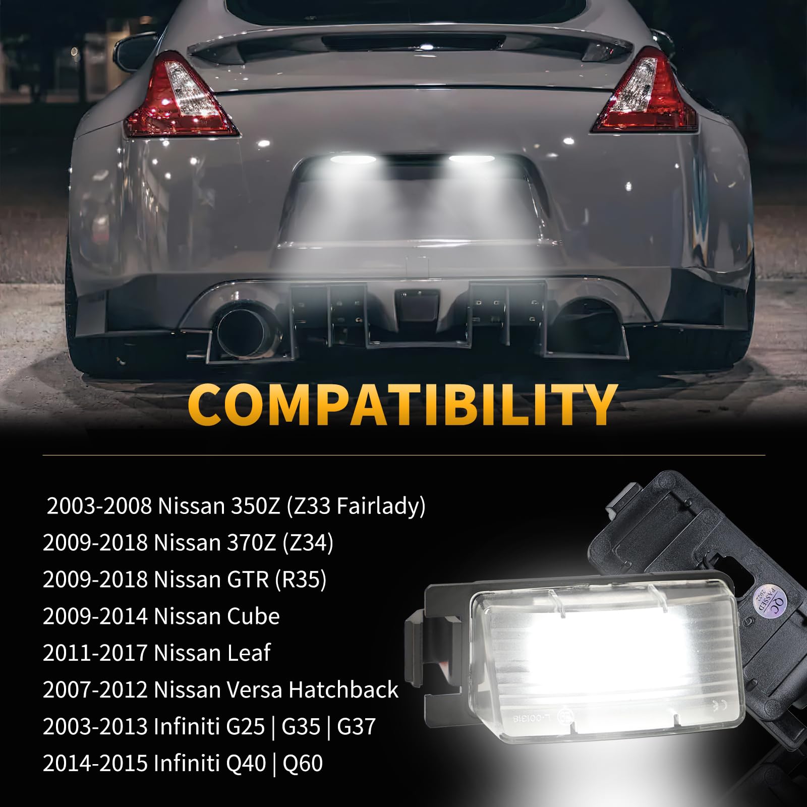 DERMOKA tag lamp assembly on Nissan/Infiniti model shows broad compatibility.
