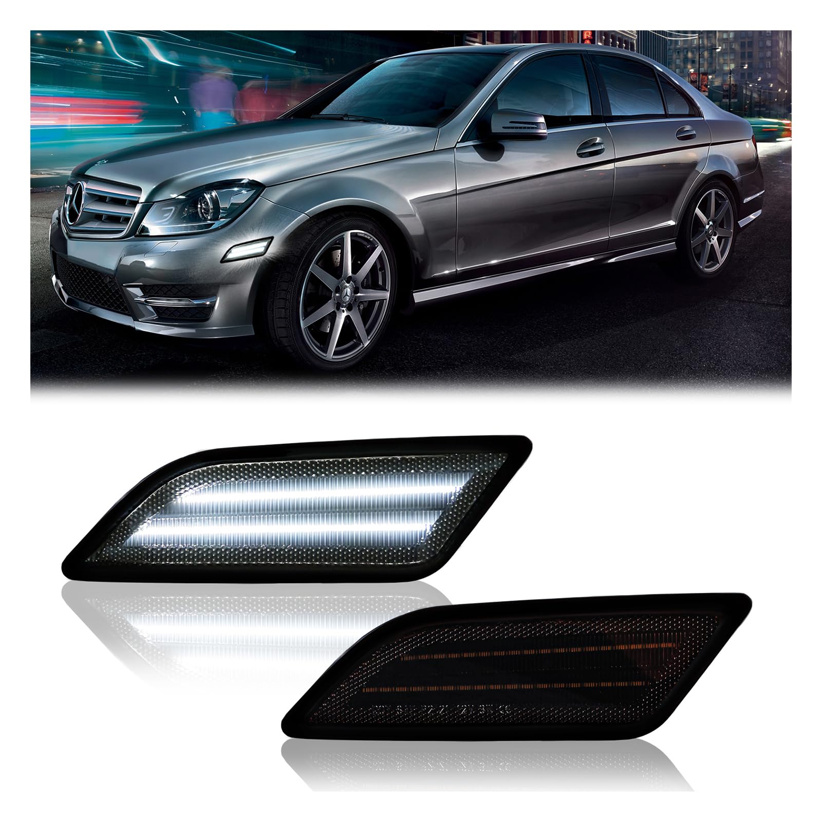 DERMOKA LED side marker with smoked lens for W204 enhances daytime visibility.