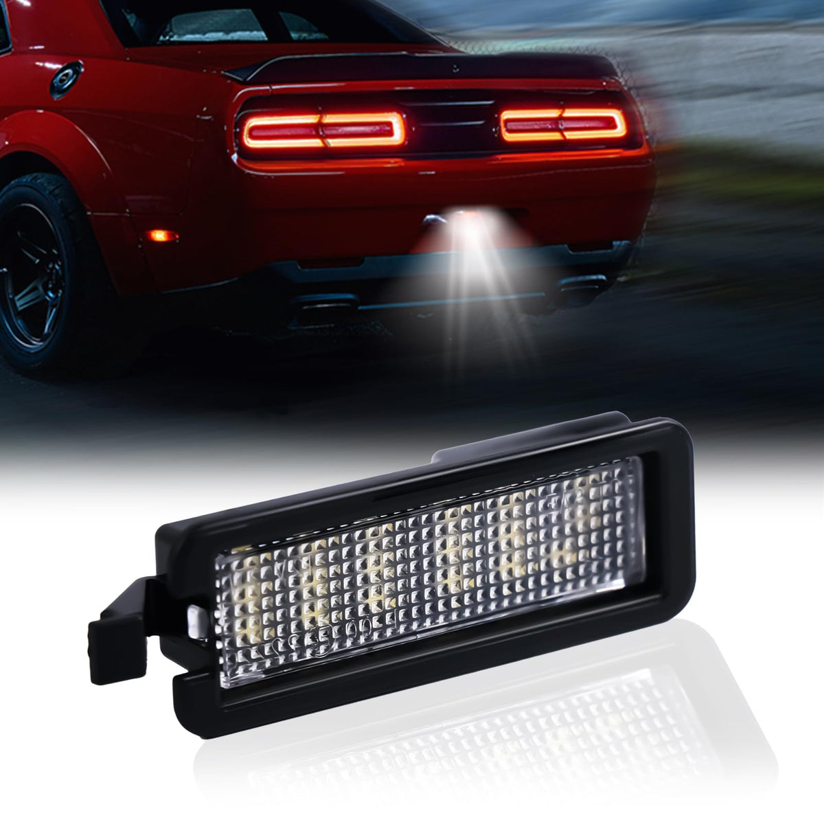 DERMOKA LED license plate light for Dodge Charger enhances rear visibility at night.
