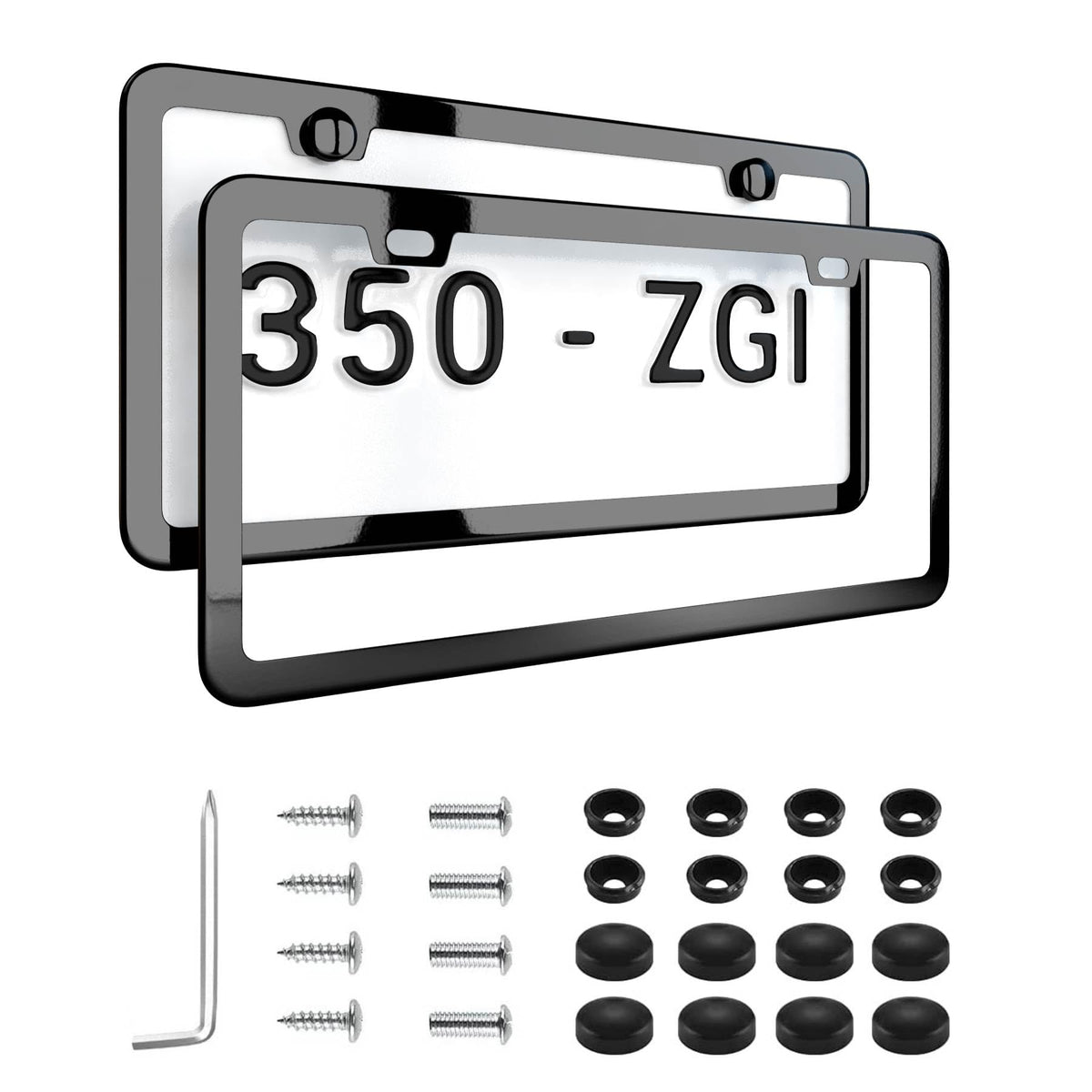 Deselen chrome-black license frame front view showing mirror finish