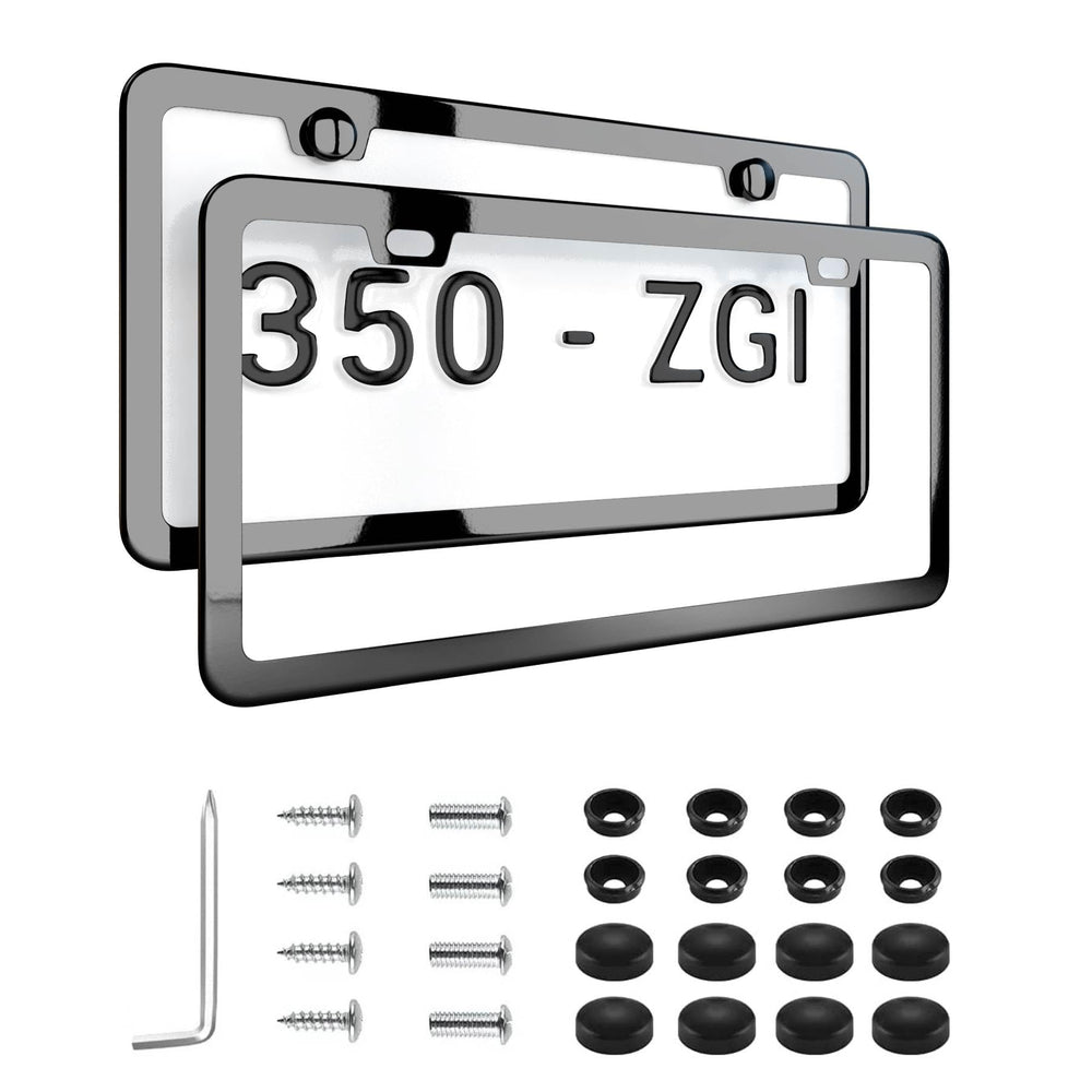 Deselen Mirror Black license frame front view with glossy finish enhances vehicle aesthetics.