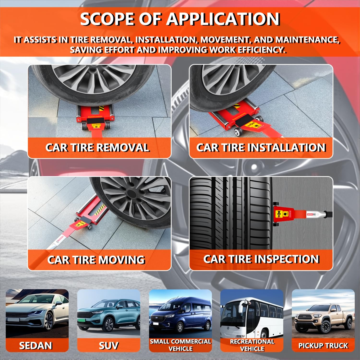 DESEQPT lever-principle design minimizes effort when lifting heavy tires.