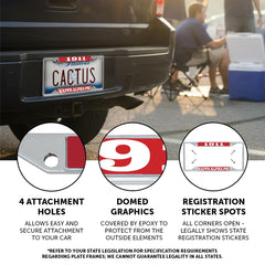 Desert Cactus license plate frame close-up of durable zinc alloy metal.