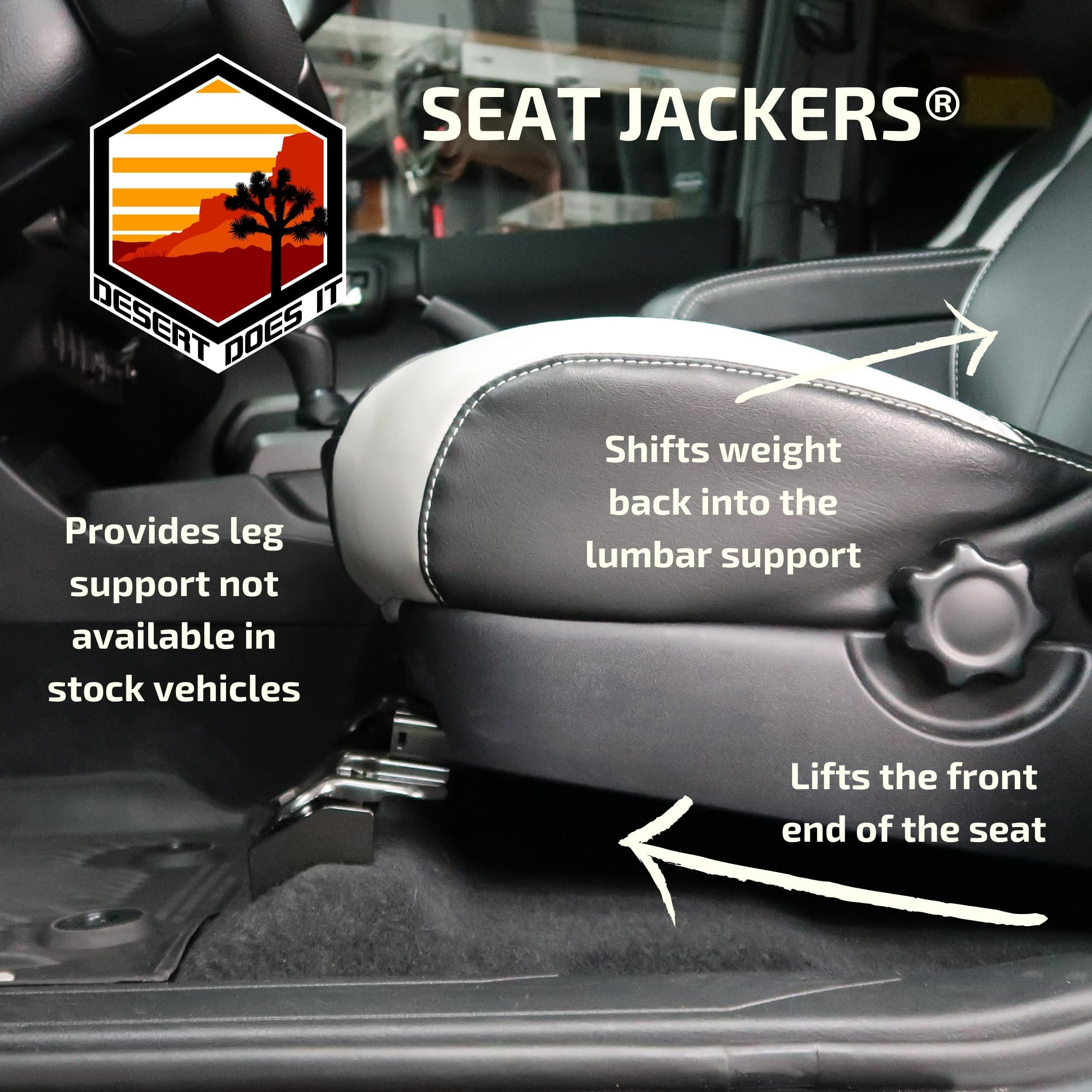 Desert Does It Seat Jackers installed on Toyota seats improve seating position and leg support.
