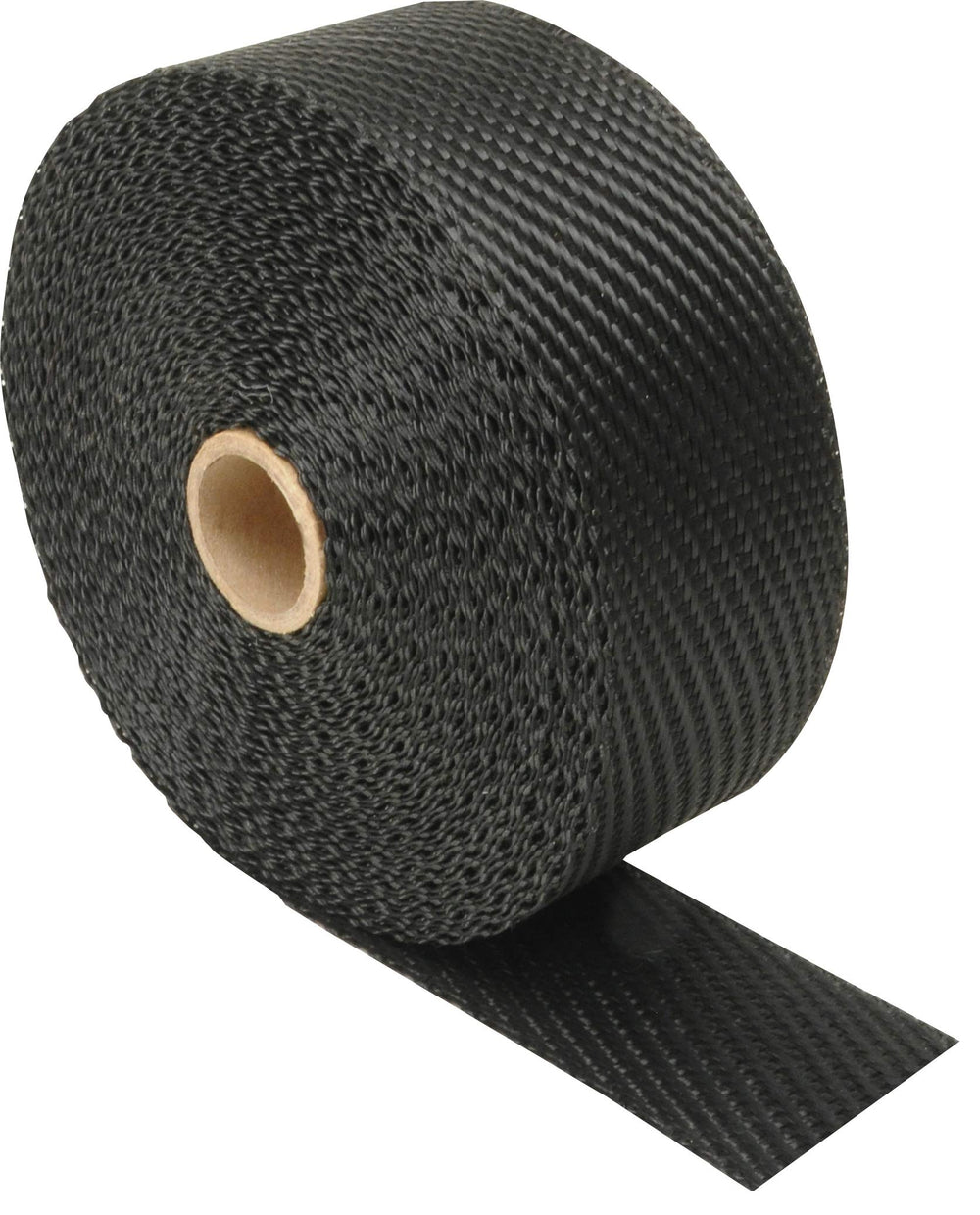 Design Engineering black titanium exhaust wrap with lava rock fibers encases 2x25 roll for heat containment.