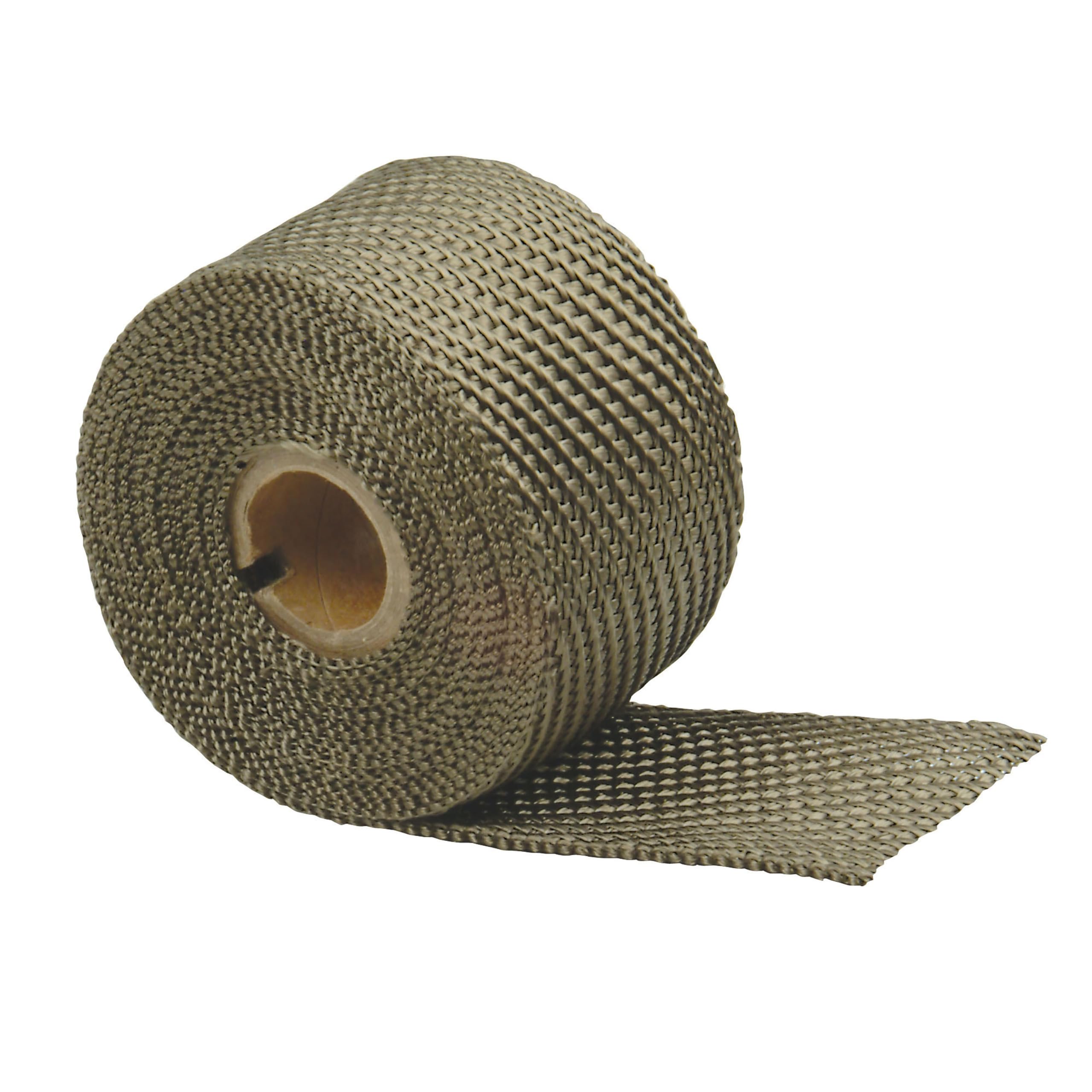 Design Engineering Titanium Exhaust Wrap with diagonal weave for durable heat protection.