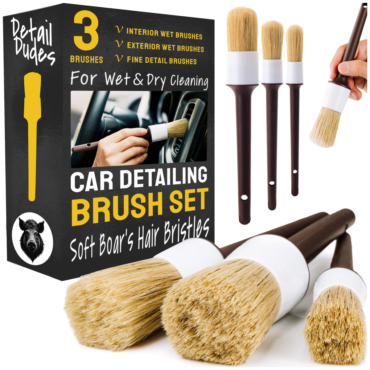Detail Dudes car detailing brush set in action for interior and exterior cleaning.