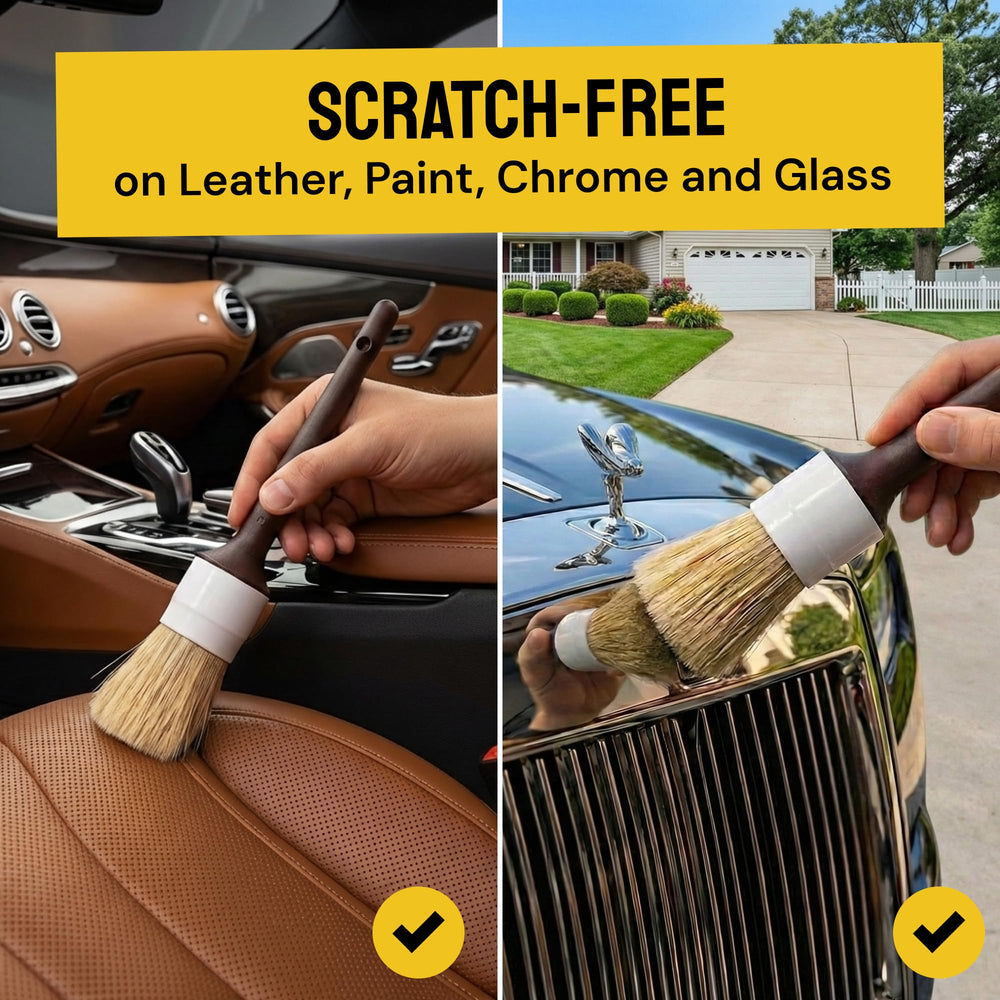 Detail Dudes soft boar hair brush used on leather seats for gentle cleaning.