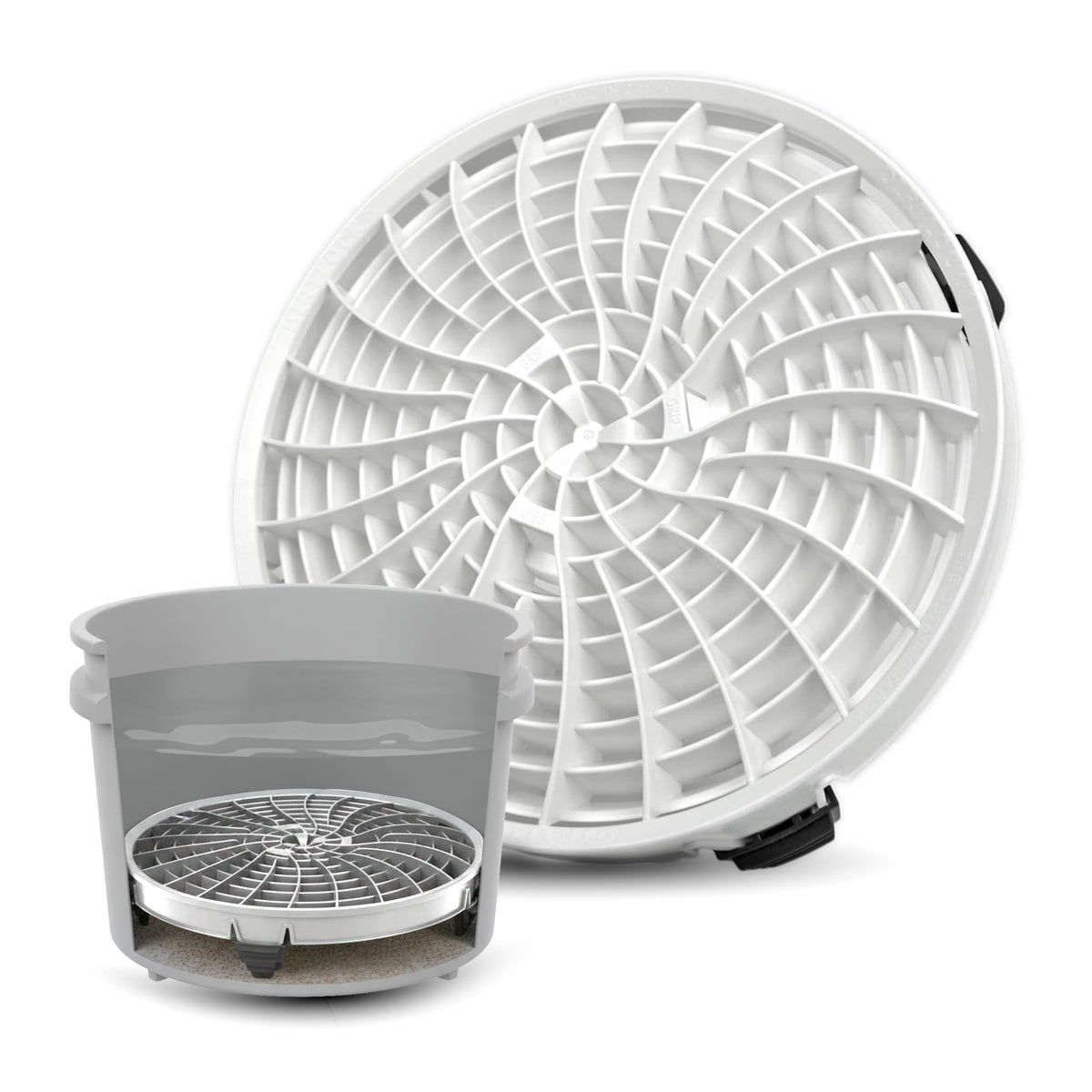 DETAIL GUARDZ Dirt Lock insert with bottom channels trapping debris for cleaner wash water.