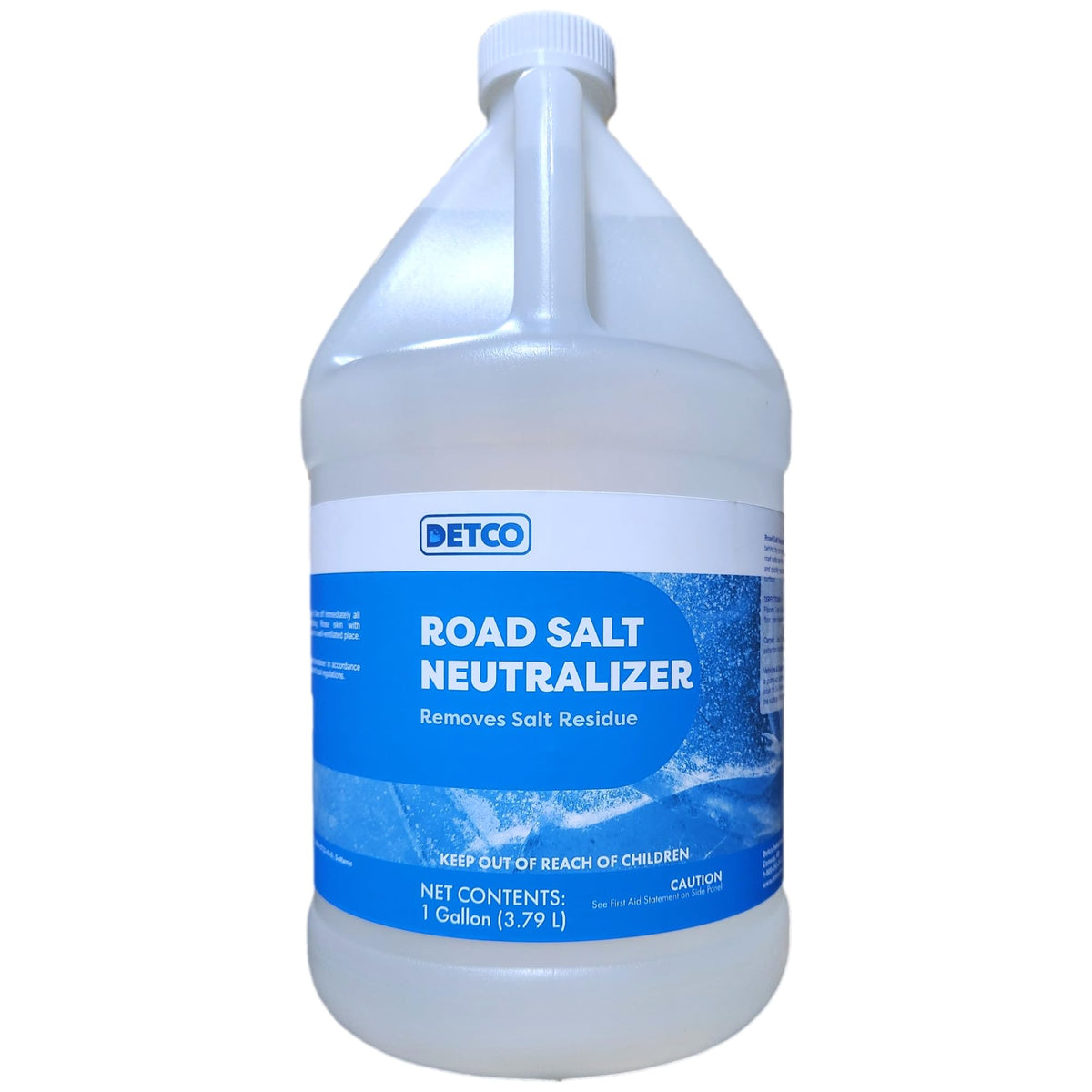 Detco Road Salt Neutralizer bottle demonstrates non-corrosive residue removal for vehicles.