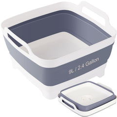 Detsuk collapsible basin in use on a compact kitchen, saving counter space.
