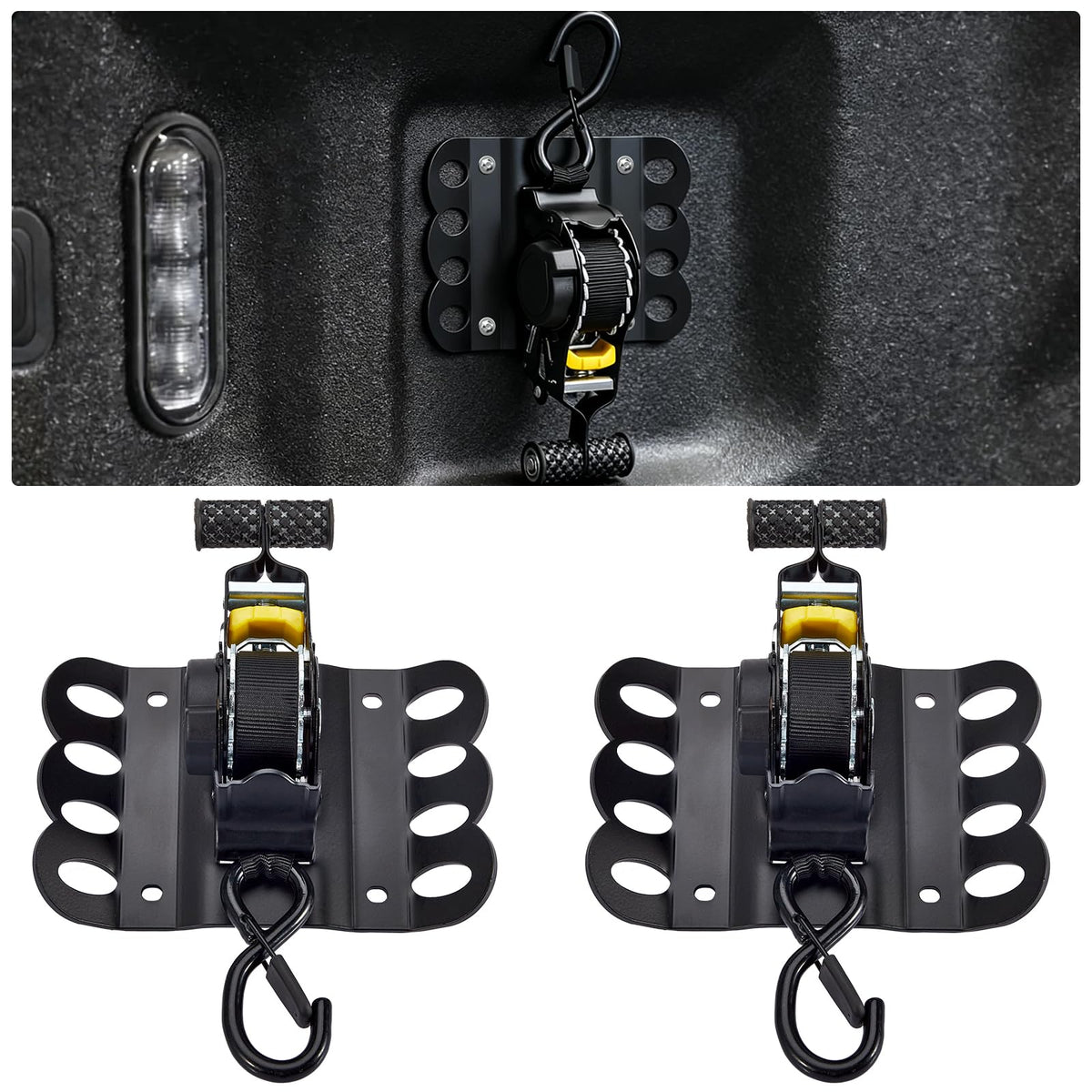 DETYI retractable strap front view showing secure F-150 mounting for cargo