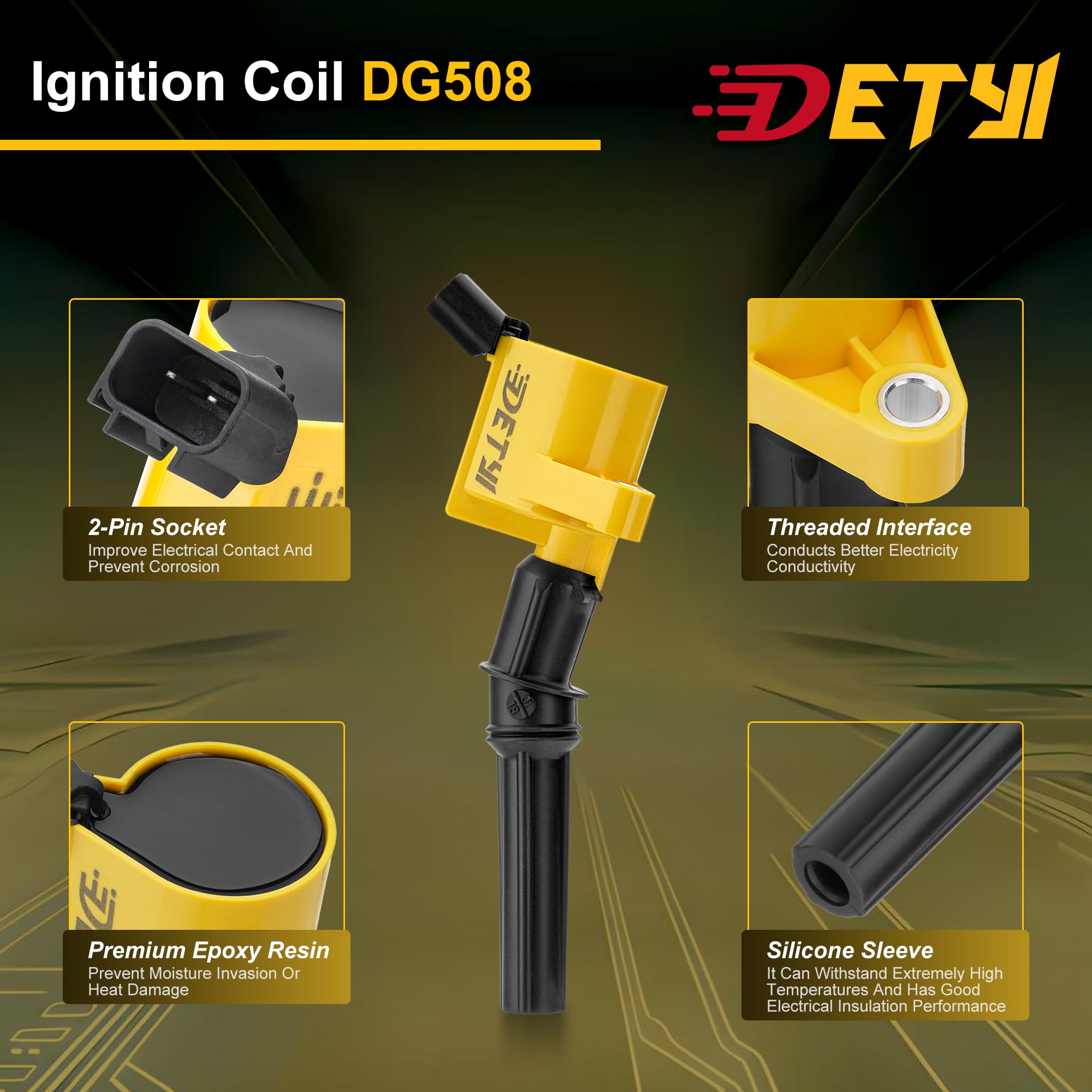 DETYI DG508 coil boot close-up highlighting heat-resistant insulation for longer engine life.