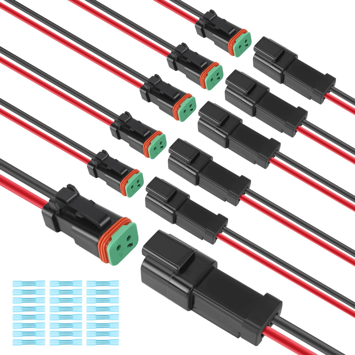 Deutusacc six kit Deutsch DT 2-pin connectors with 10 cm leads for durable automotive wiring.