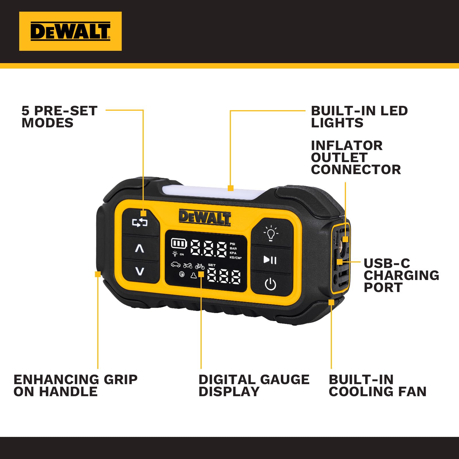 DEWALT included accessories laid out for versatile inflation uses