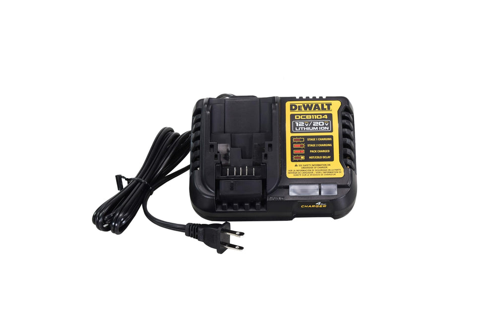 DEWALT DCB1104 charger front view with a compact four-foot base for stability.
