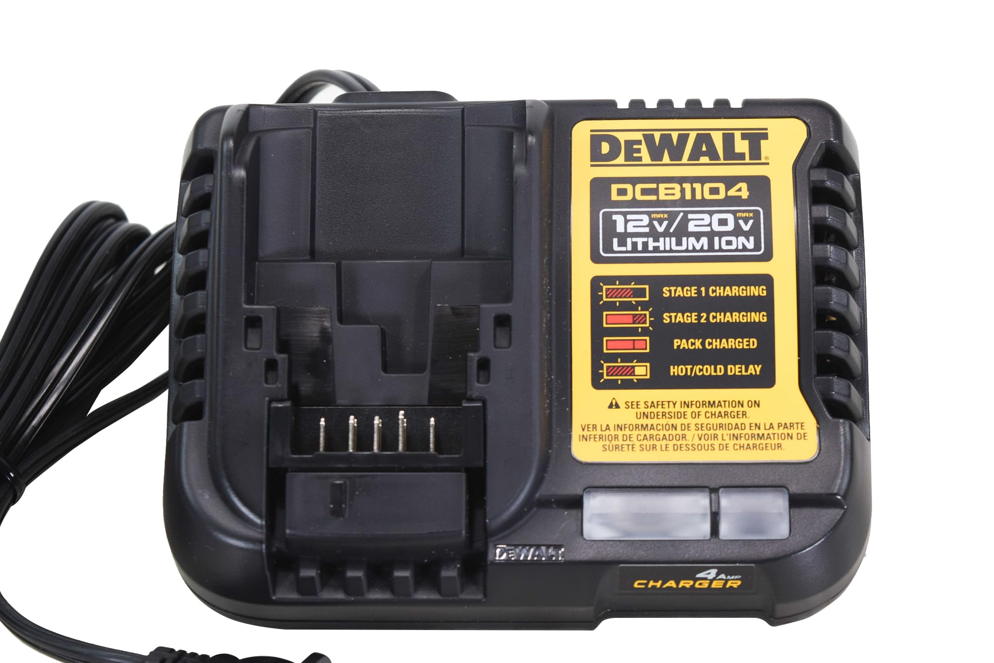 DEWALT DCB1104 side view shows hang slots for easy storage.