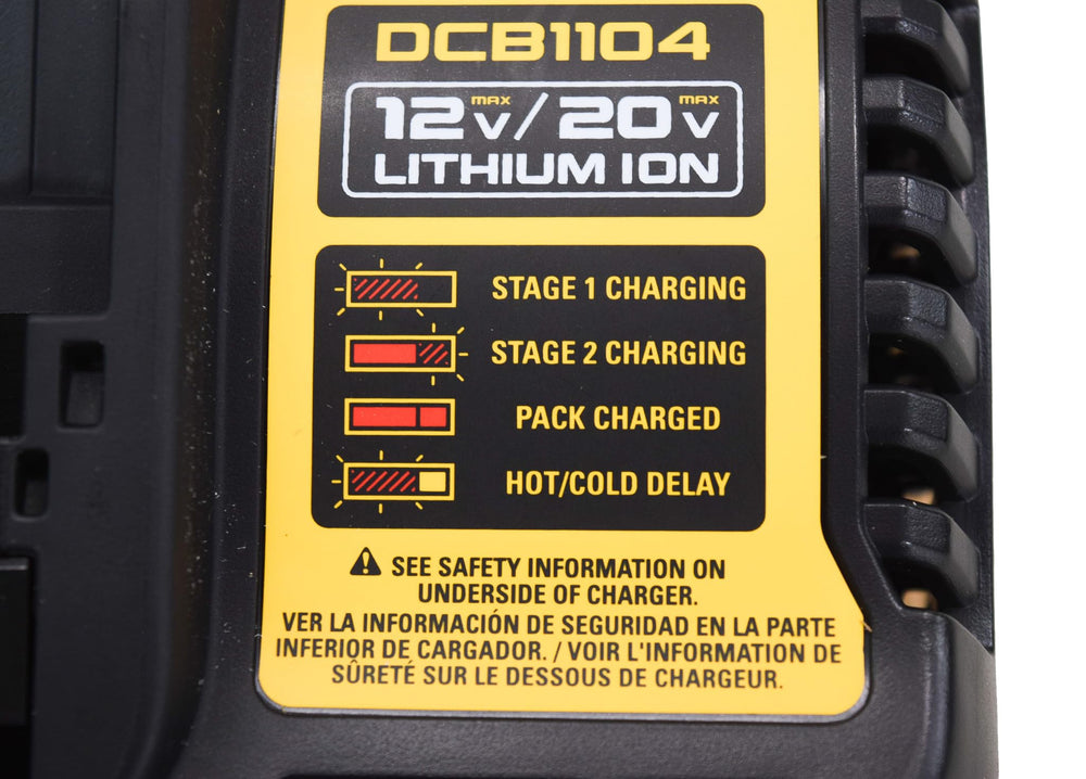 DEWALT DCB1104 LED indicator clearly shows charge status and temperature.