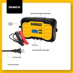 DeWalt DXAEC10 compatibility notes show support for 6V/12V lifepo4 and lead-acid types.