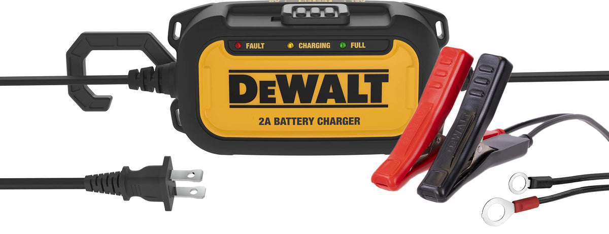 DEWALT DXAEC2 charger front view; compact space saving design.