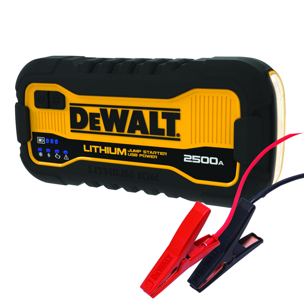 DEWALT DXAELJ25C jump starter front view with ready clamps for quick starts
