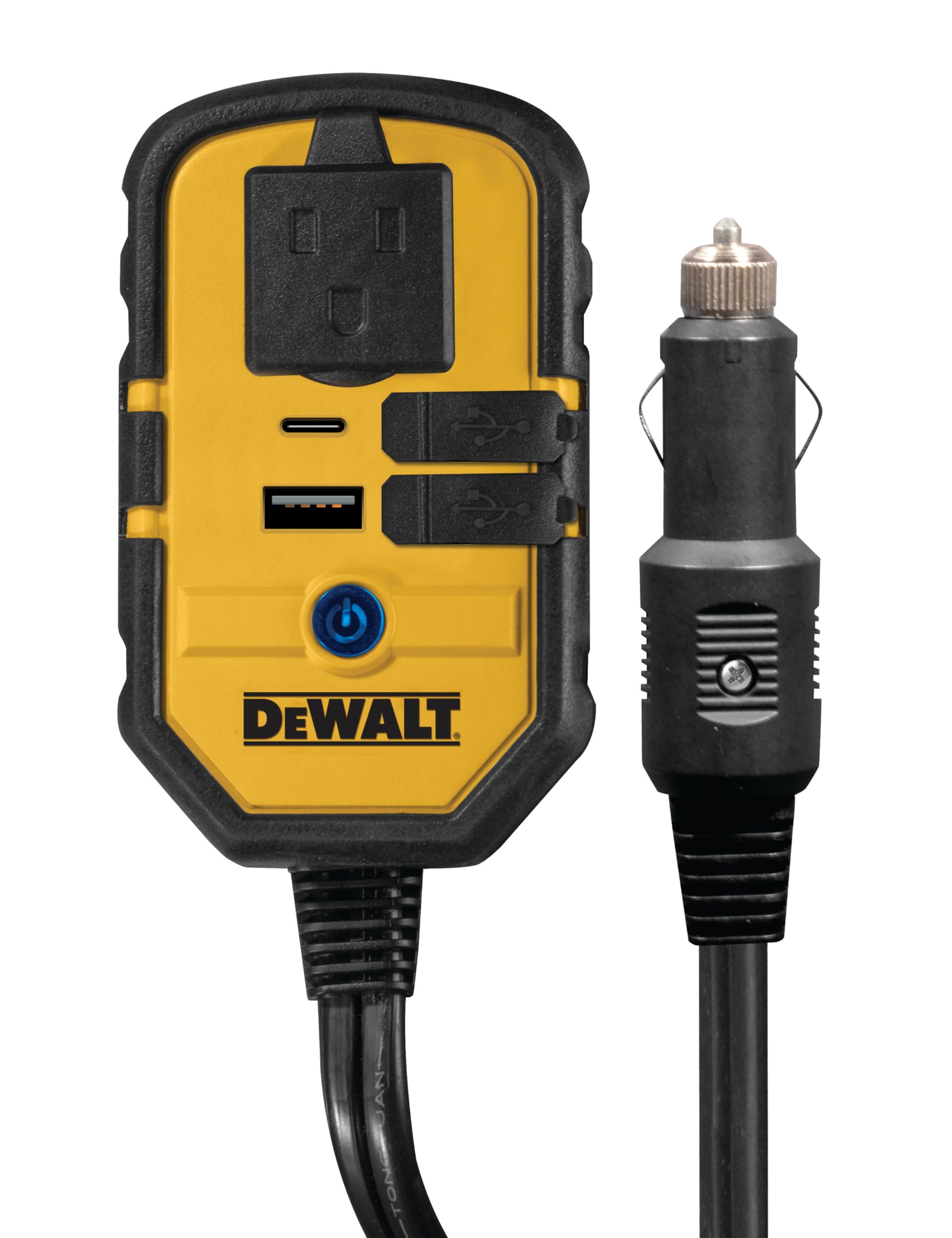 DEWALT DXAEPI140 power inverter front view for on-the-go charging and power access.