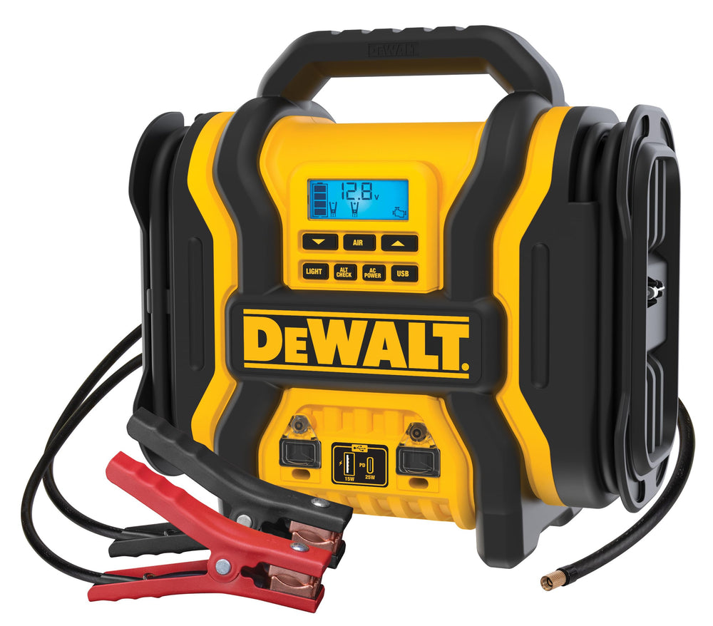 DEWALT DXAEPS14 jump starter powering a vehicle during roadside emergency