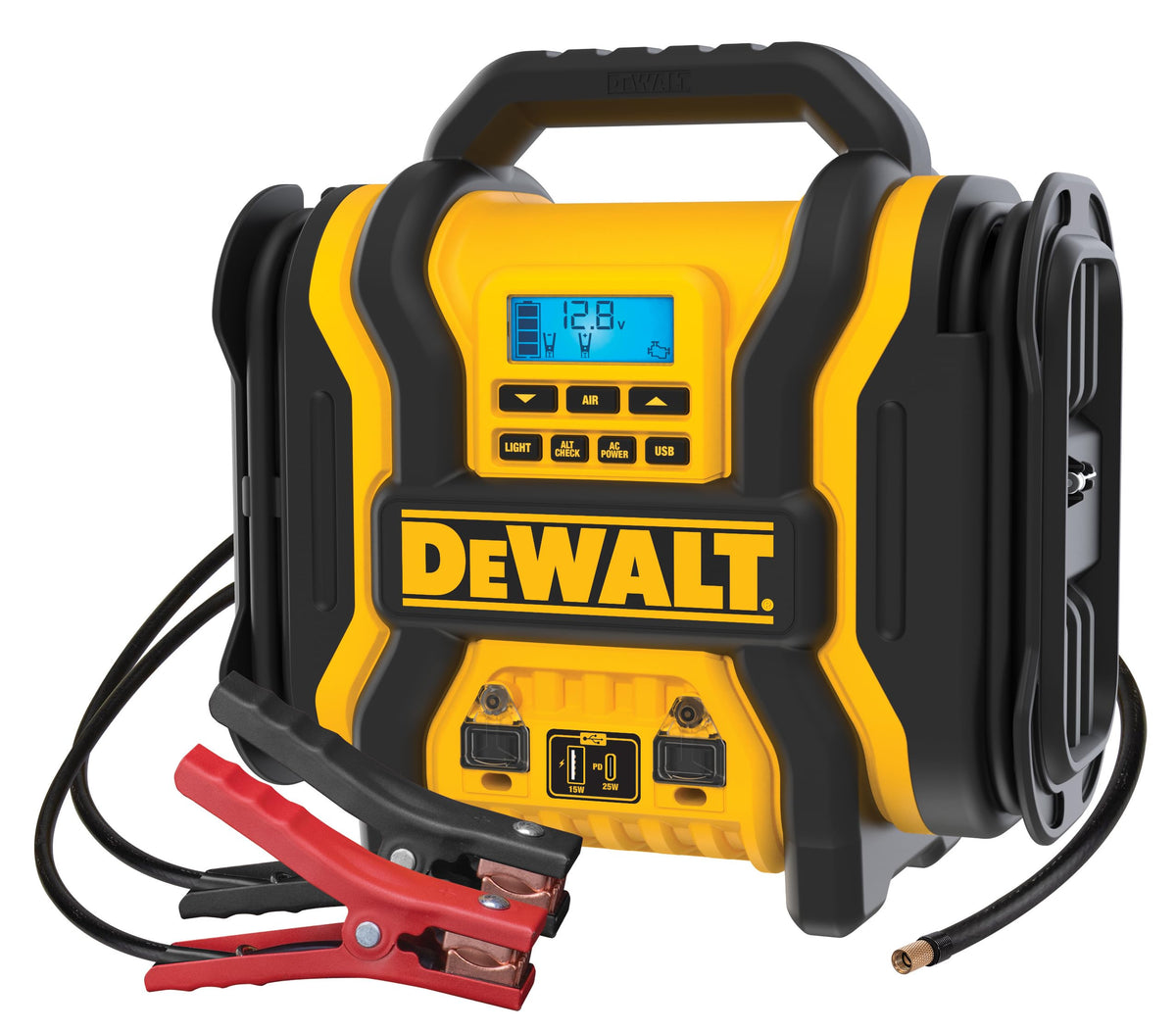DEWALT DXAEPS14 jump starter powering a vehicle during roadside emergency