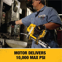 DEWALT grease gun 10,000 PSI delivers strong flow for high-volume lubrication.