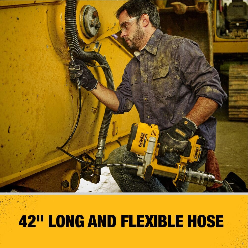 DEWALT grease gun LED light helps visibility in dim work areas.