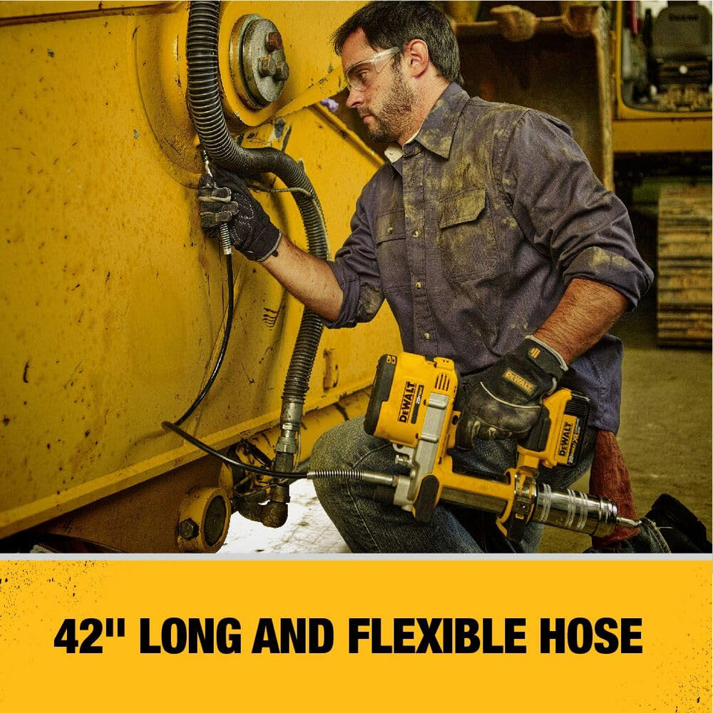 DEWALT grease gun LED light helps visibility in dim work areas.